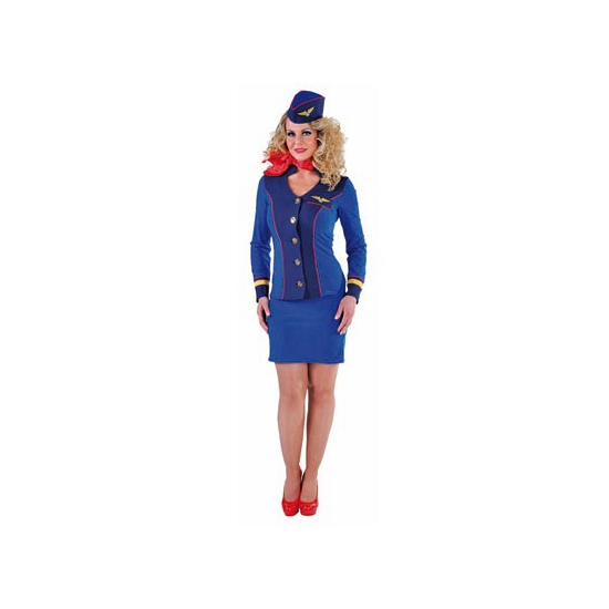 Image of Blauw met rood stewardessen mantelpakje