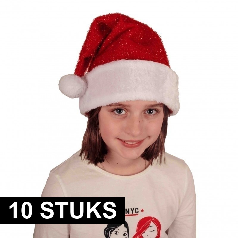 10x Voordelige pluche Kerstmuts met glitters voor kinderen