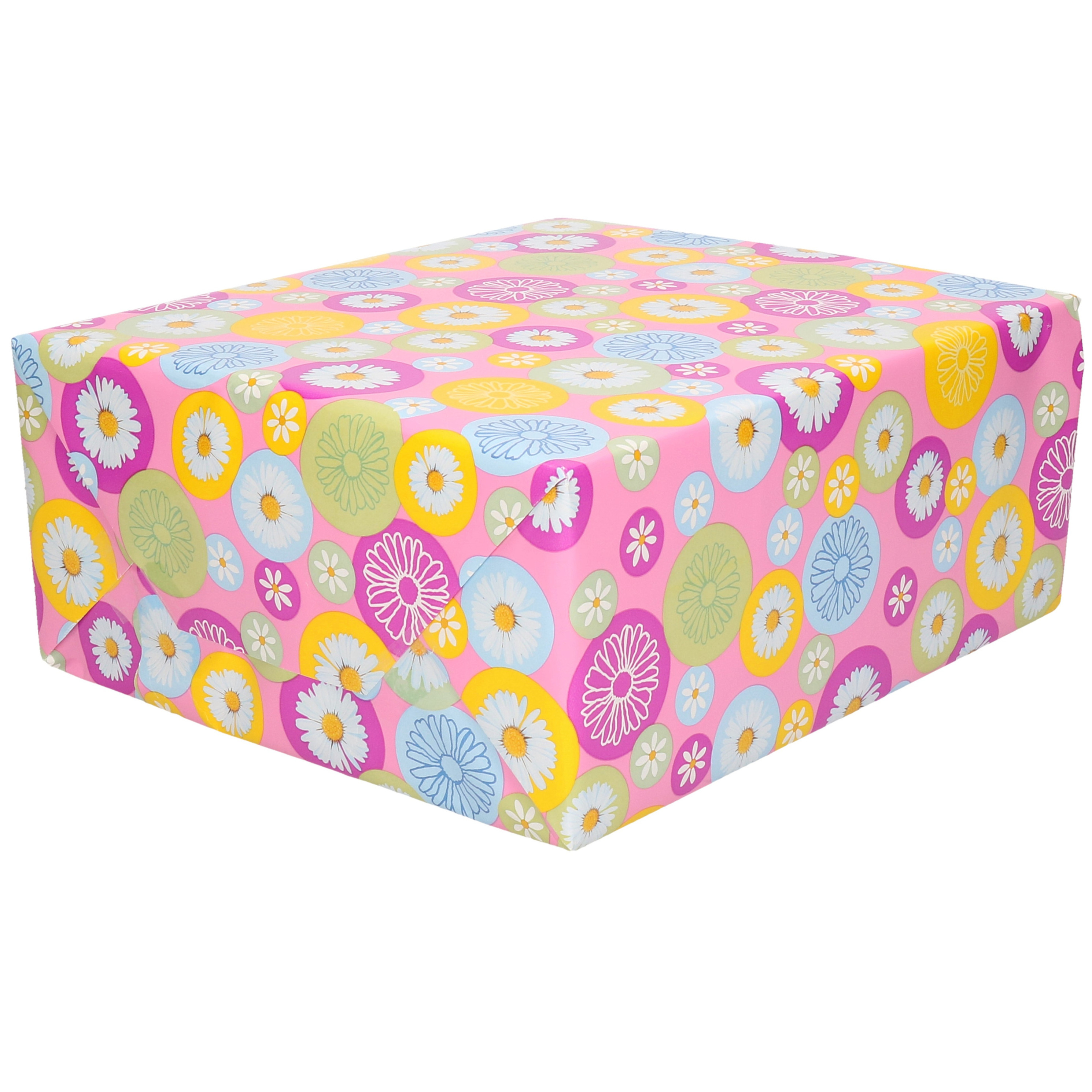 1x Inpakpapier/cadeaupapier roze met gekleurde bloemetjes 200 x 70 cm