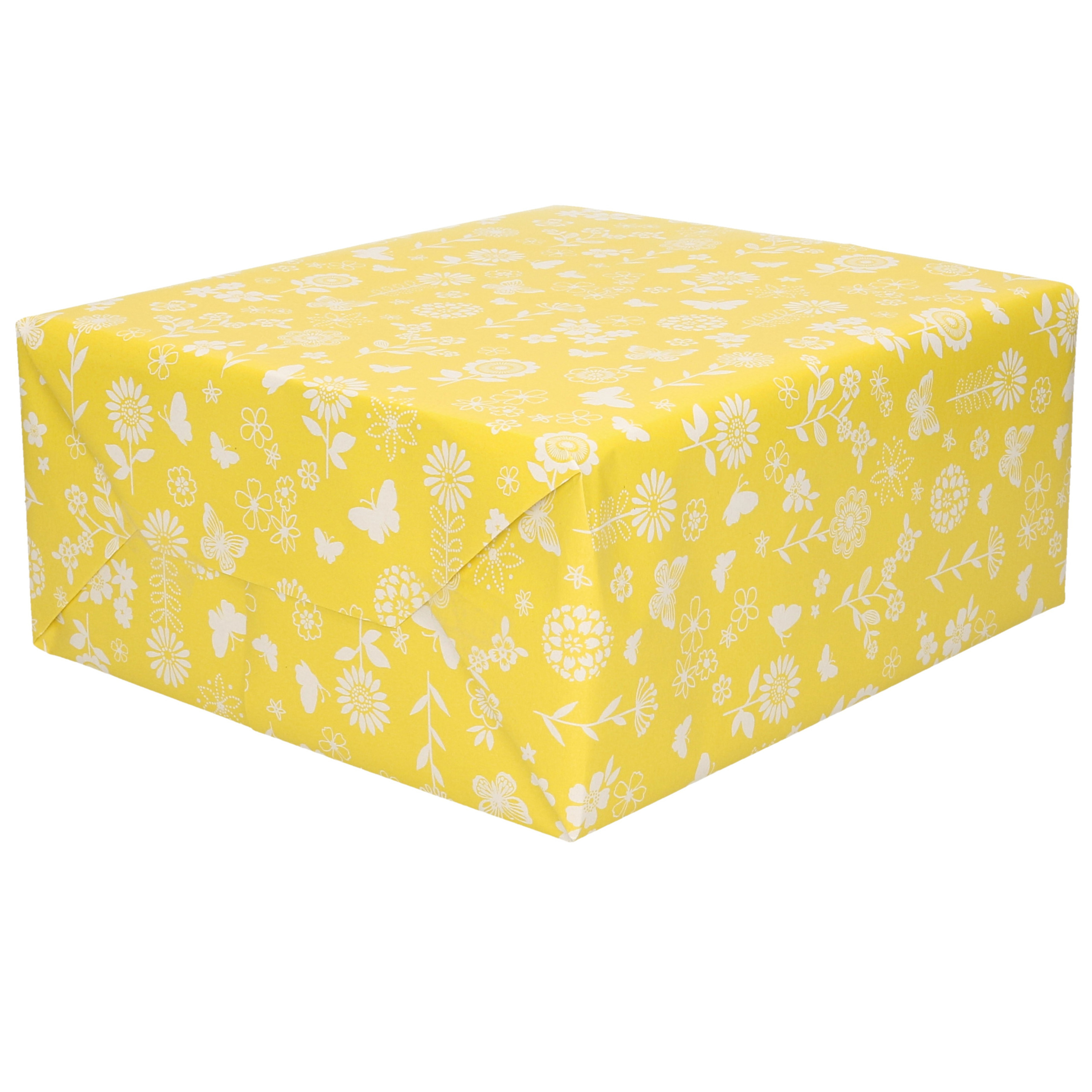 1x Rollen Inpakpapier/cadeaupapier geel met witte bloemen en vlinders 200 x 70 cm