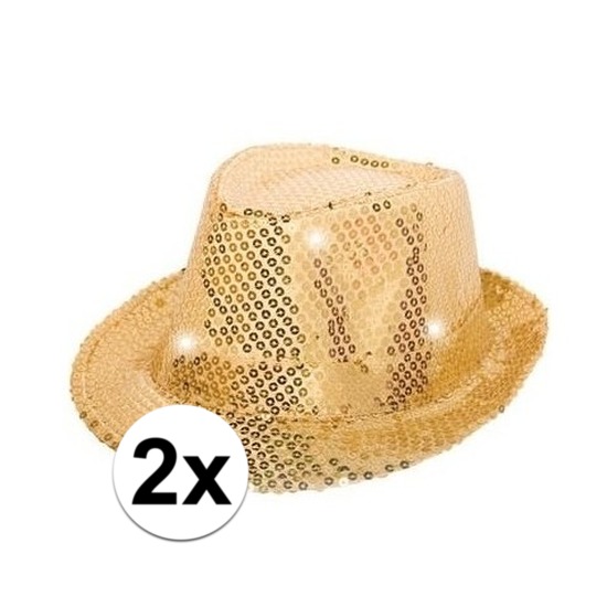 2x Gouden pailletten hoedjes met LED licht