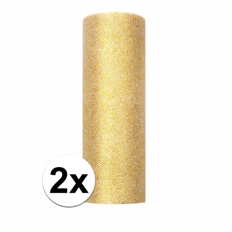 2x rollen Glitter tule stof goud 15 cm breed