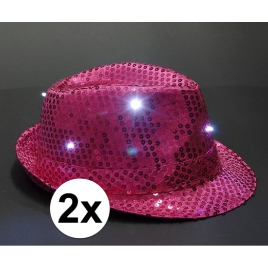 2x Roze Toppers pailletten hoedje met LED licht