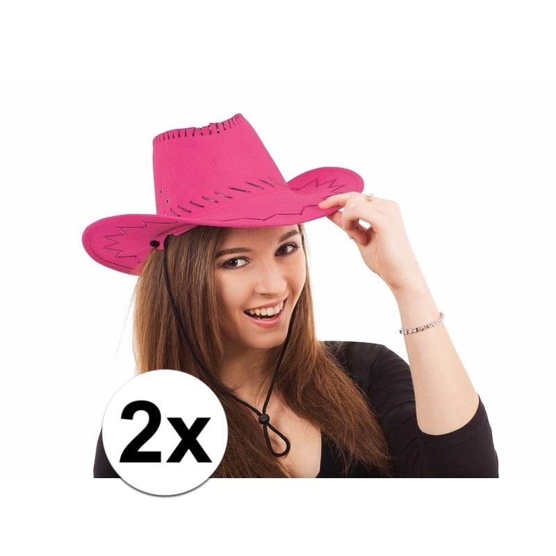 2x Voordelige roze Toppers cowboy hoed met stiksels