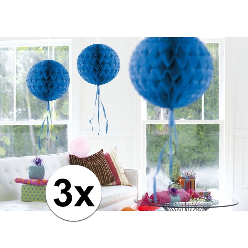 3x feestversiering decoratie bollen blauw 30 cm