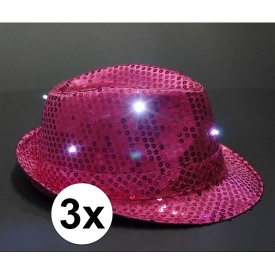 3x Roze Toppers pailletten hoedje met LED licht