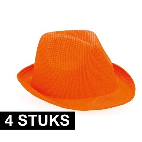4x Oranje trilby verkleed hoedjes voor volwassenen