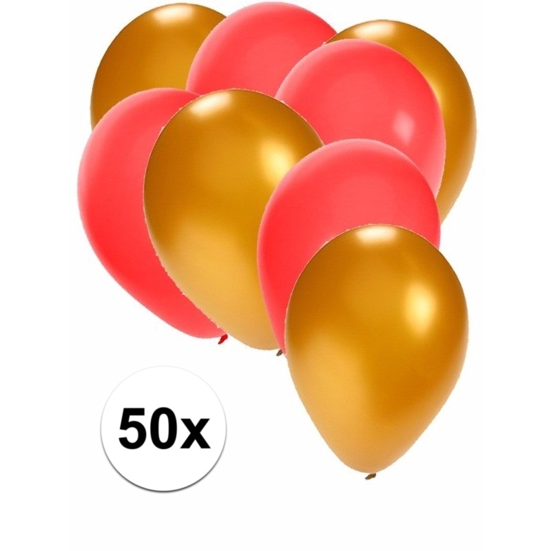 50x ballonnen - 27 cm - goud - rode versiering