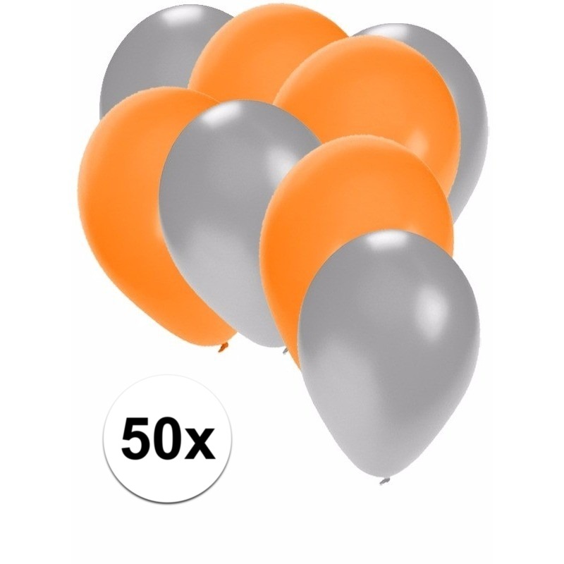 50x ballonnen - 27 cm- zilver - oranje versiering