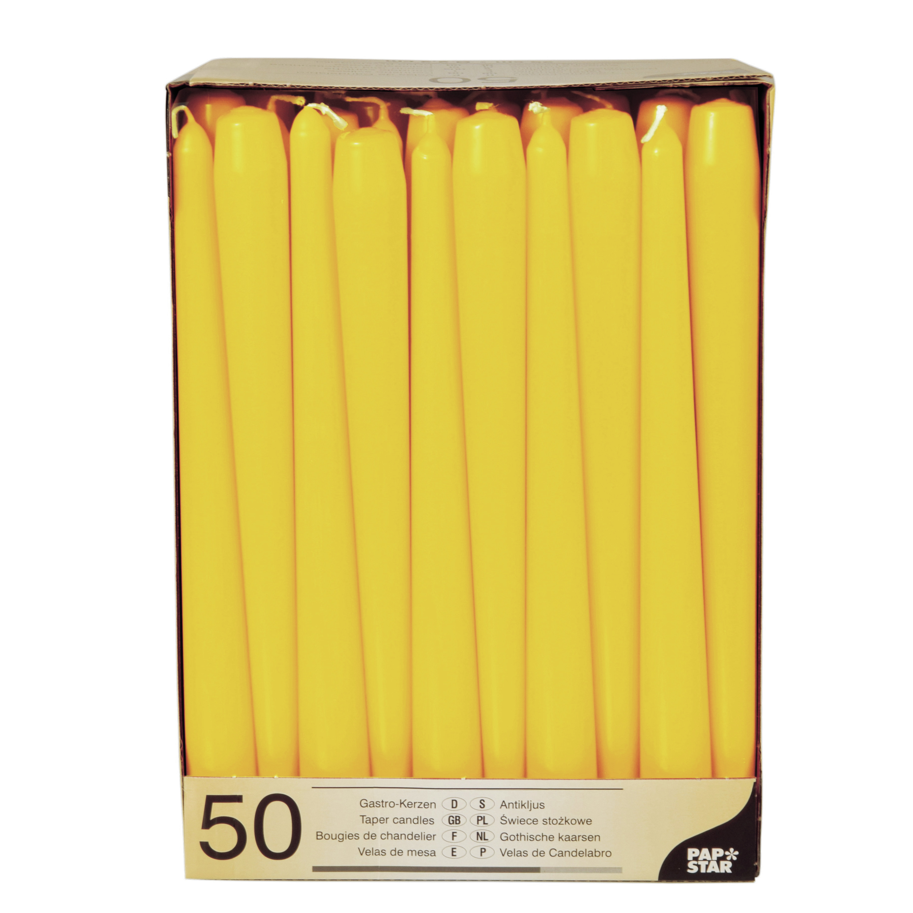 50x stuks dinerkaarsen geel 25 cm