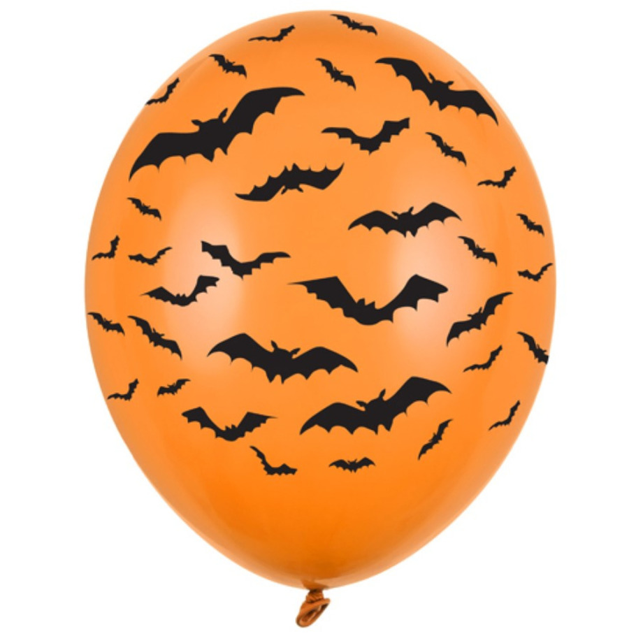 6x Oranje/zwarte Halloween ballonnen 30 cm met vleermuizen print