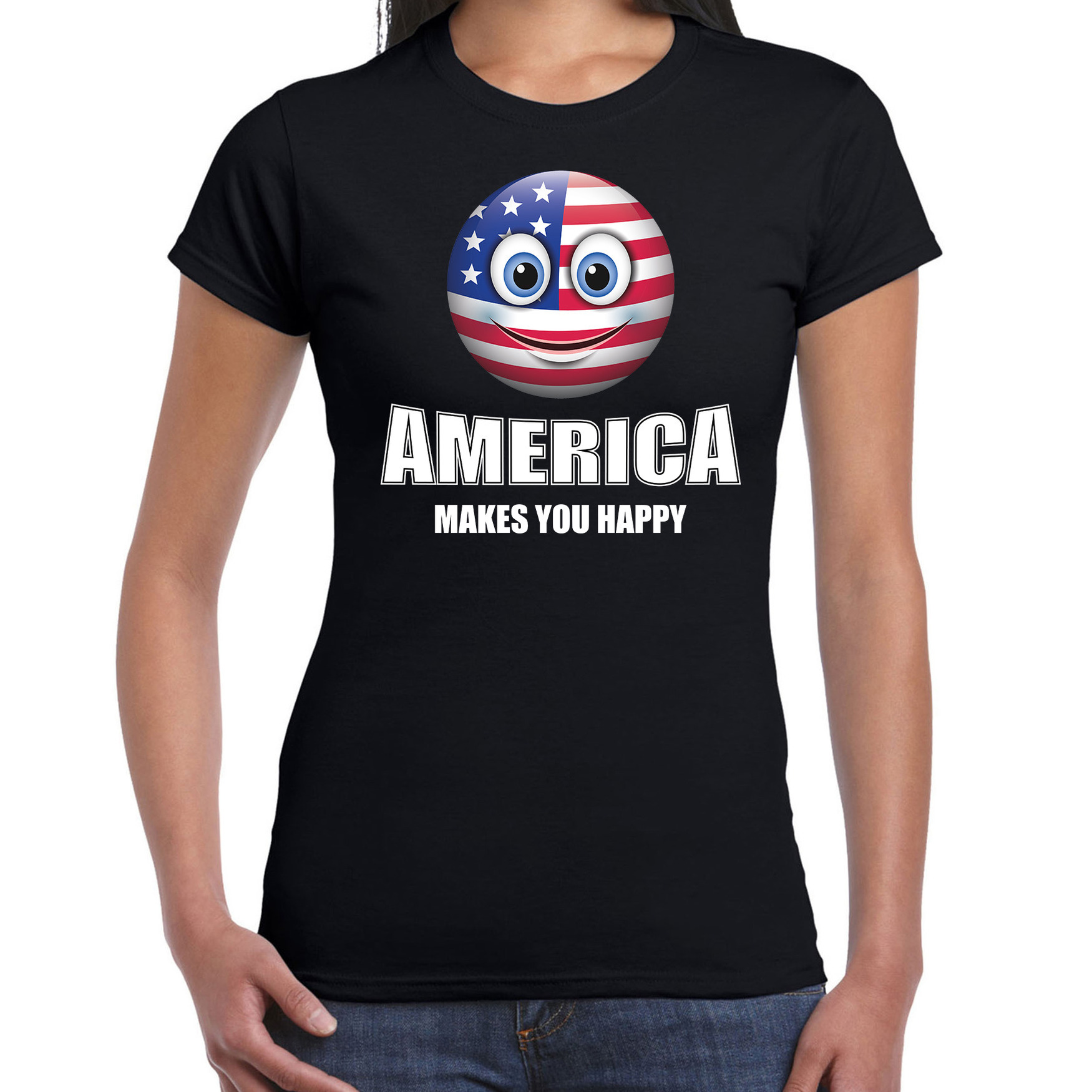 America makes you happy landen t-shirt Amerika zwart voor dames met emoticon