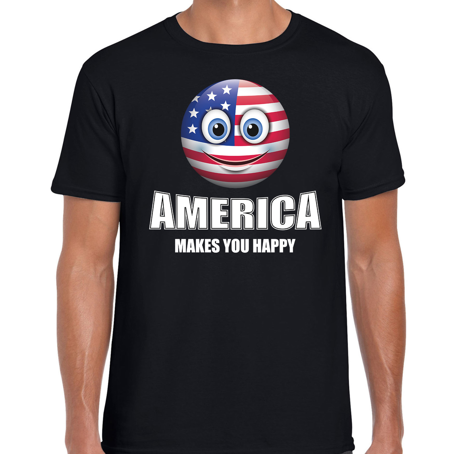 America makes you happy landen t-shirt Amerika zwart voor heren met emoticon