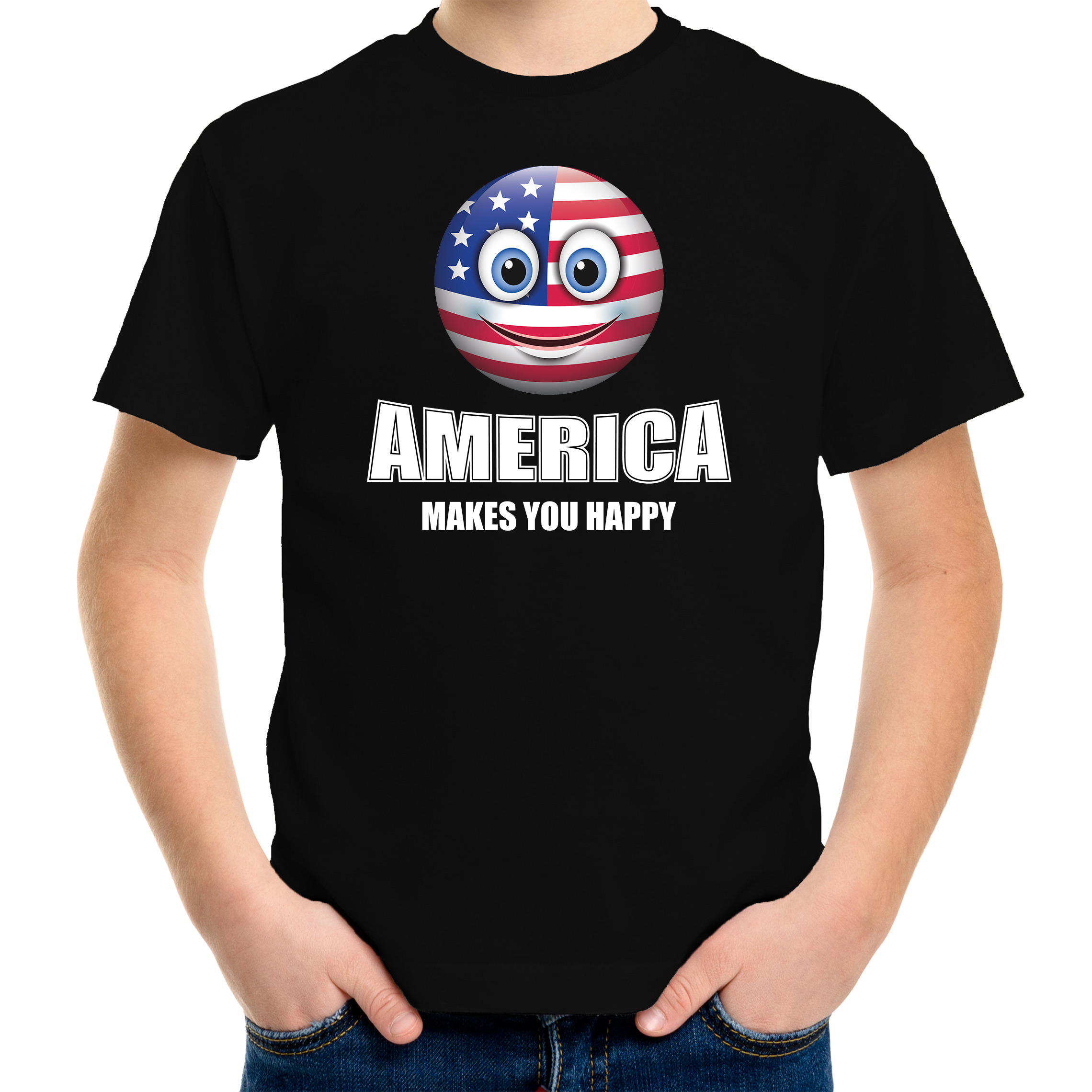 America makes you happy landen t-shirt Amerika zwart voor kinderen met Emoticon