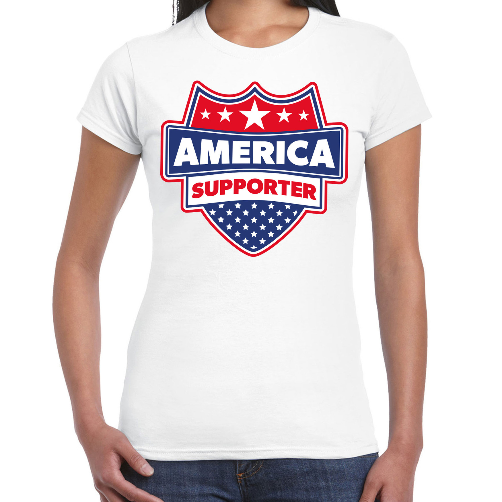 Amerika / America schild supporter t-shirt wit voor dames