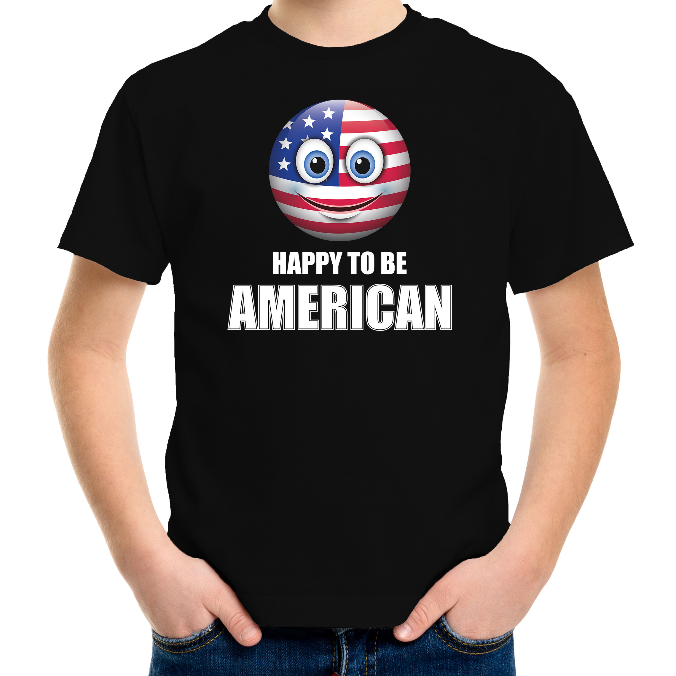 Amerika Emoticon Happy to be American landen t-shirt zwart kinderen