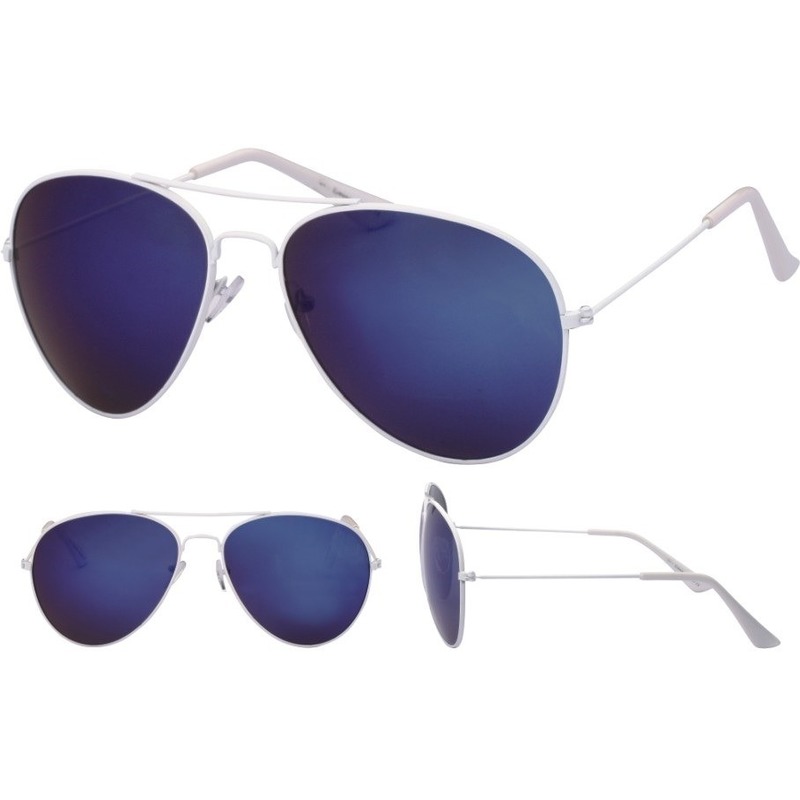 Aviator zonnebril wit met blauwe glazen voor volwassenen