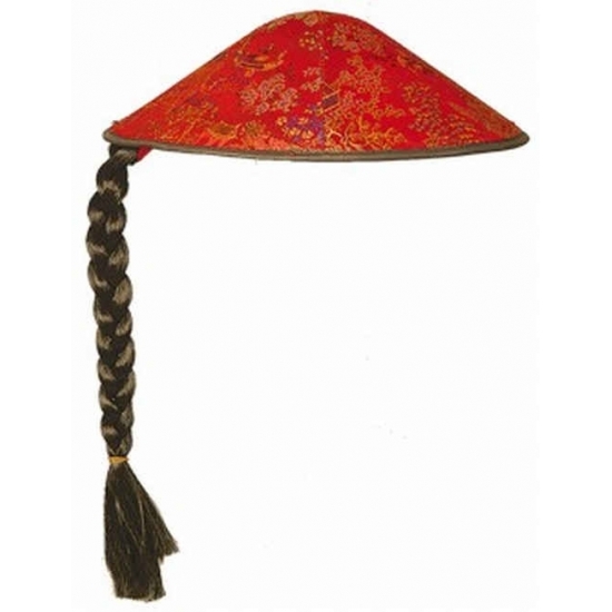 Aziatische/Chinese verkleed hoed rood met vlecht