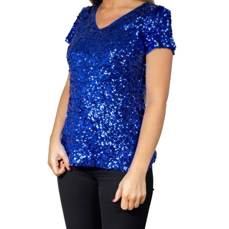 Blauwe glitter pailletten disco shirt dames