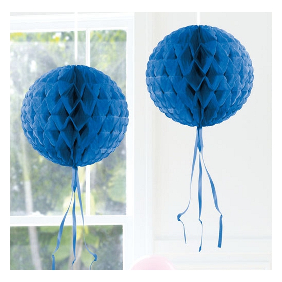 Blauwe hangende bol van papier 30 cm