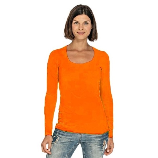 Bodyfit dames shirt lange mouwen/longsleeve oranje