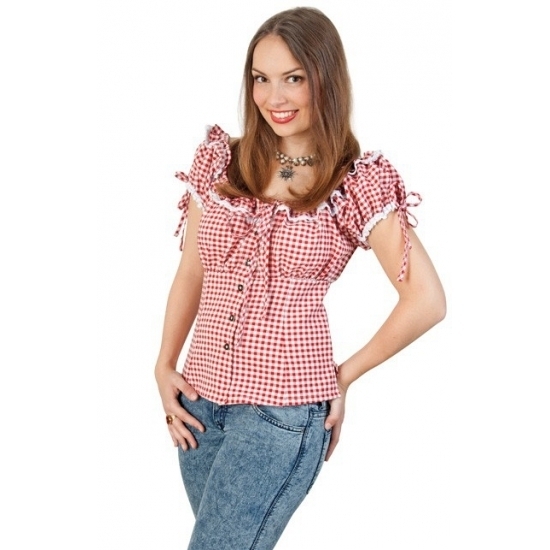 Cowboy blouse met plofmouwtjes dames rood/wit