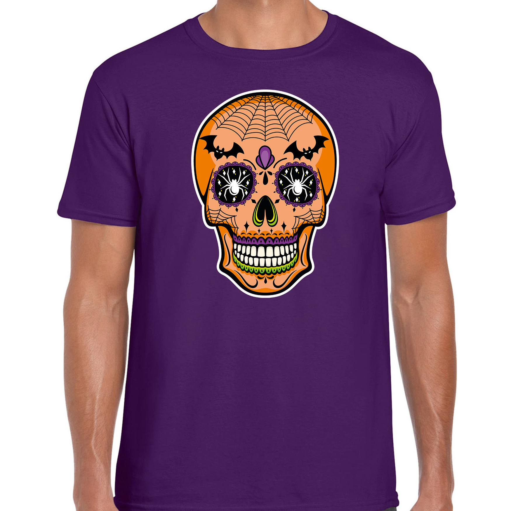 Day of the dead skelet gezicht halloween verkleed t-shirt paars voor heren