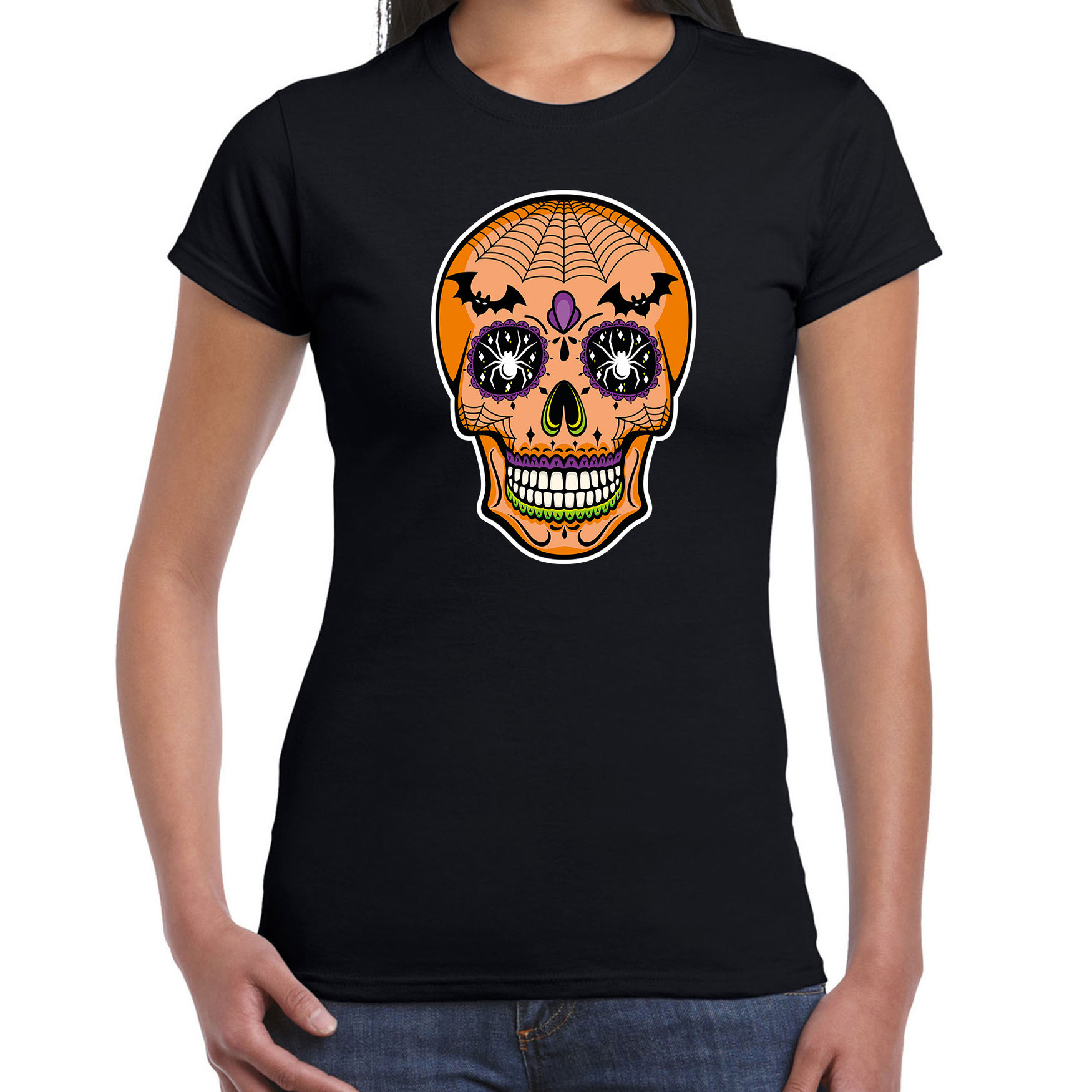 Day of the dead skelet gezicht halloween verkleed t-shirt zwart voor dames
