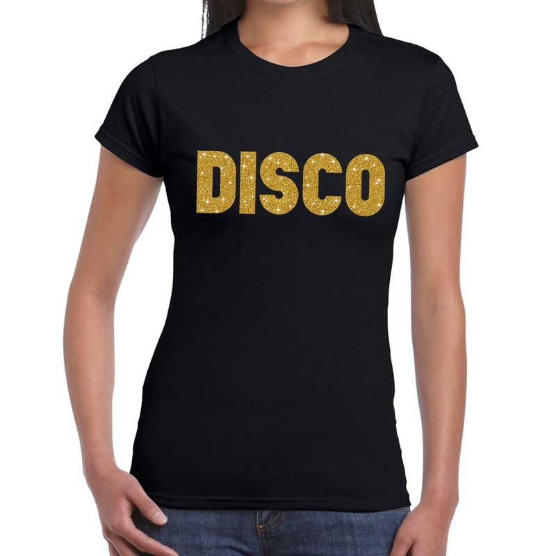 Disco gouden glitter tekst t-shirt zwart dames
