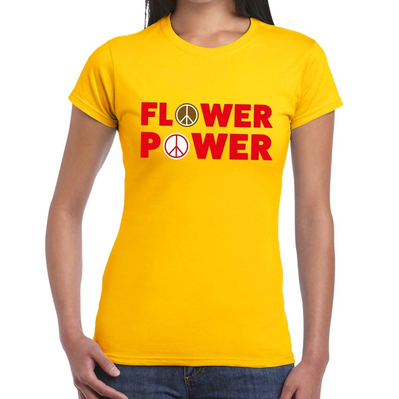 Flower power tekst t-shirt geel dames