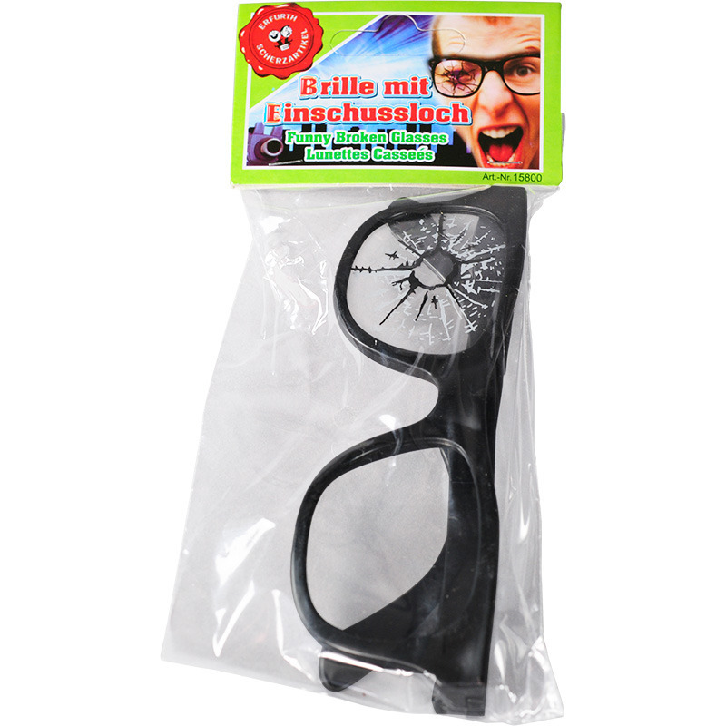 Fop bril met barst in glas - zwart - kunststof - verkleedbrillen