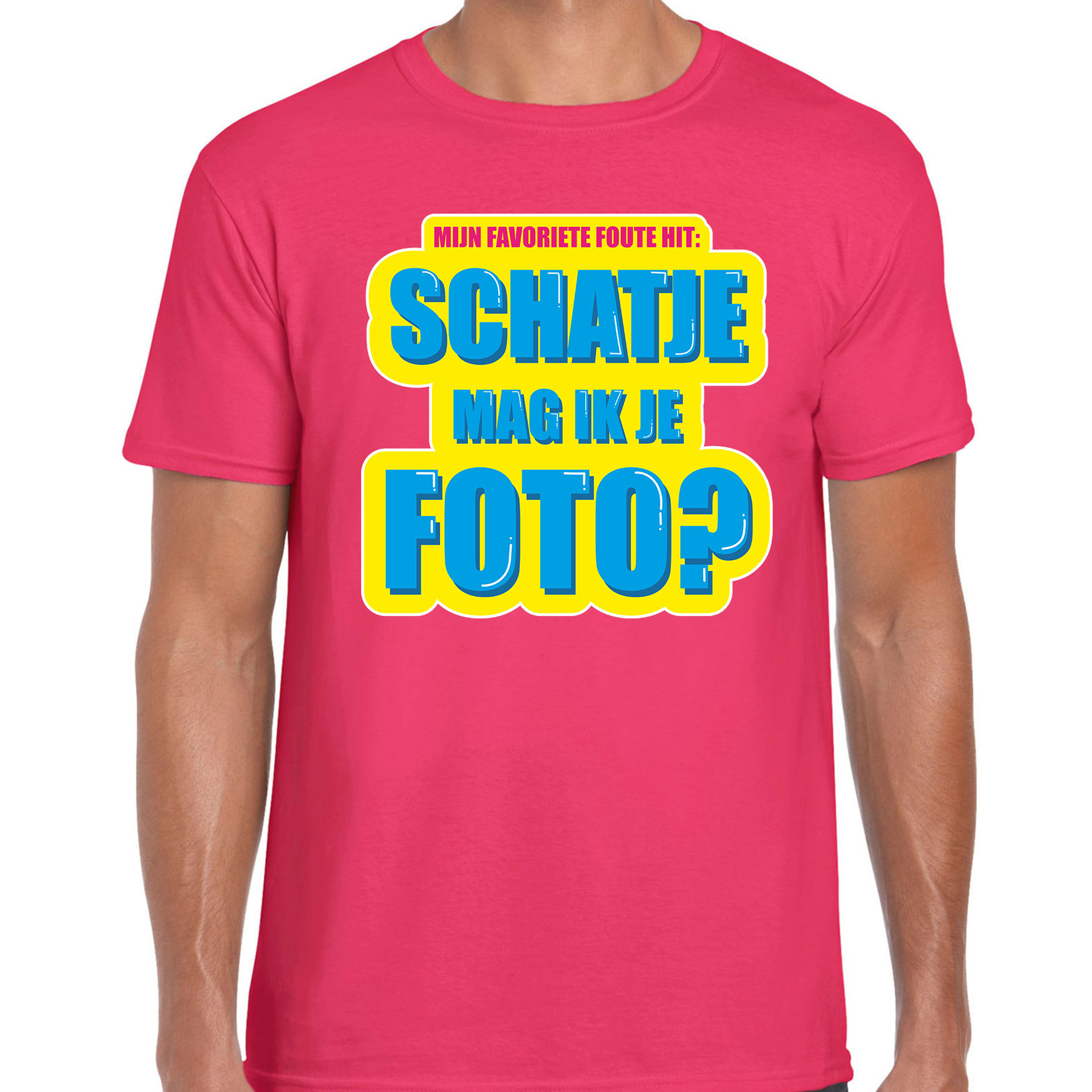 Foute party Schatje mag ik je foto verkleed t-shirt roze heren - Foute party hits outfit/ kleding