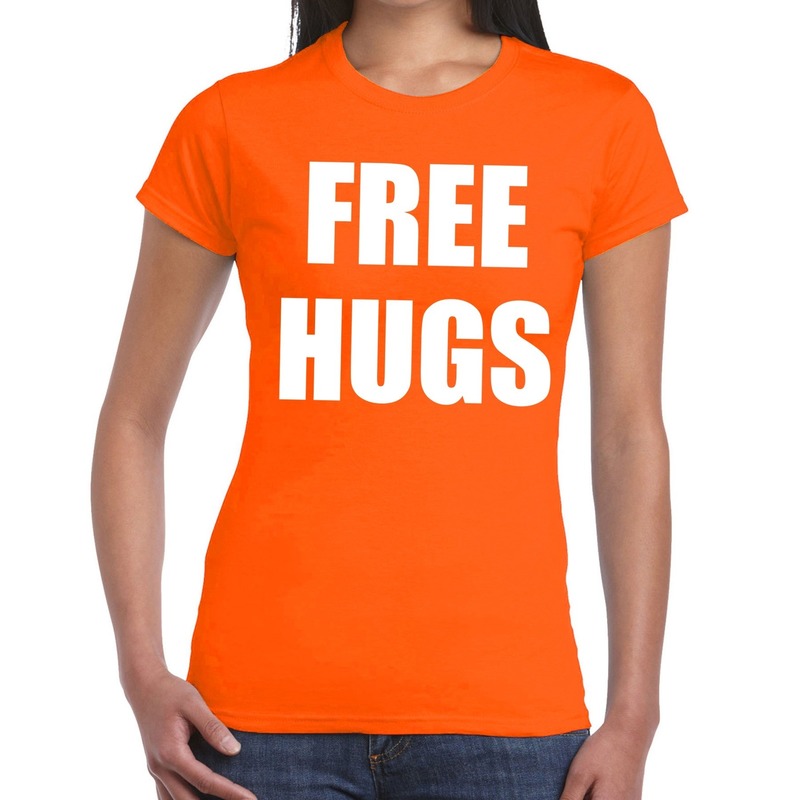 Free hugs tekst t-shirt oranje dames