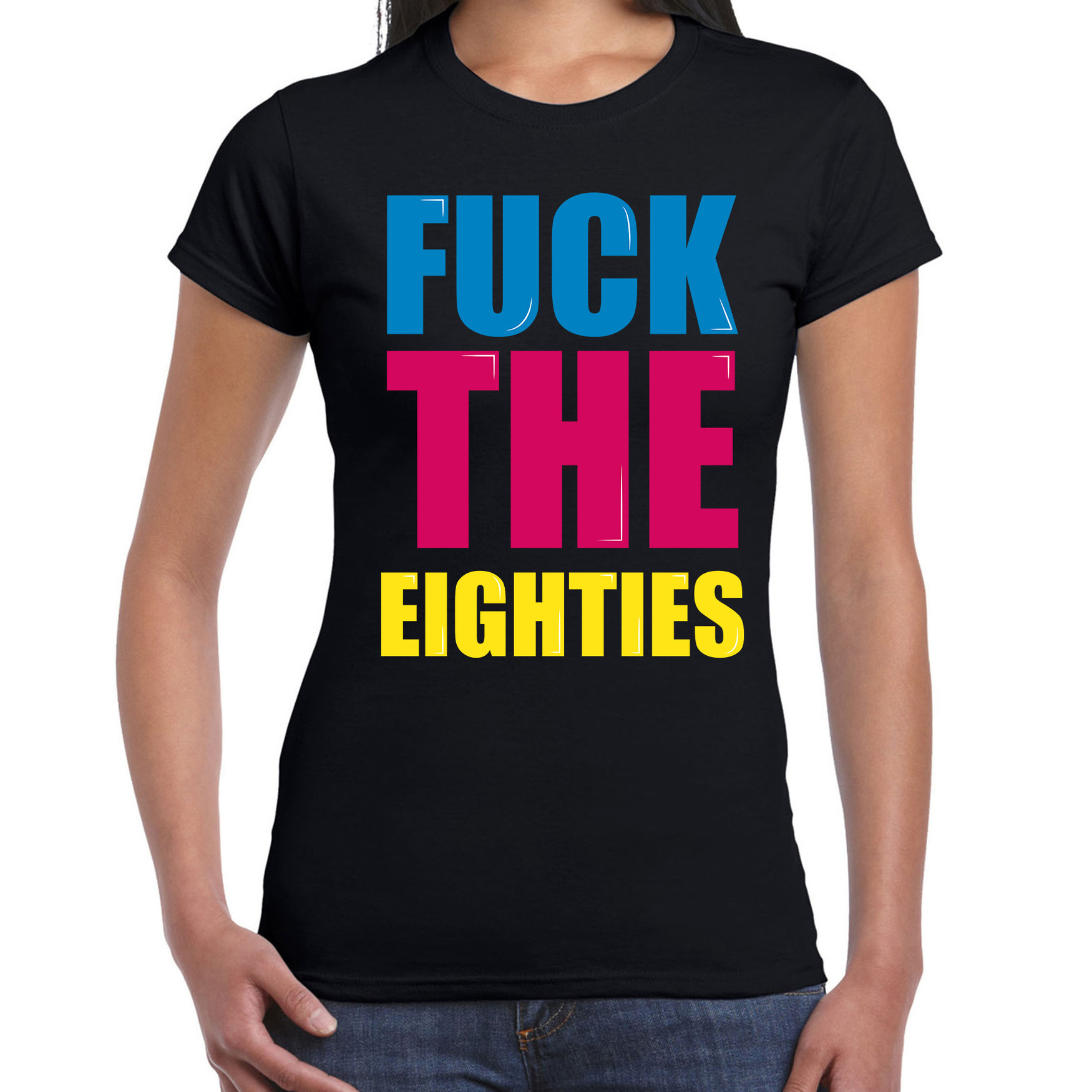 Fuck the eighties fun t-shirt zwart dames