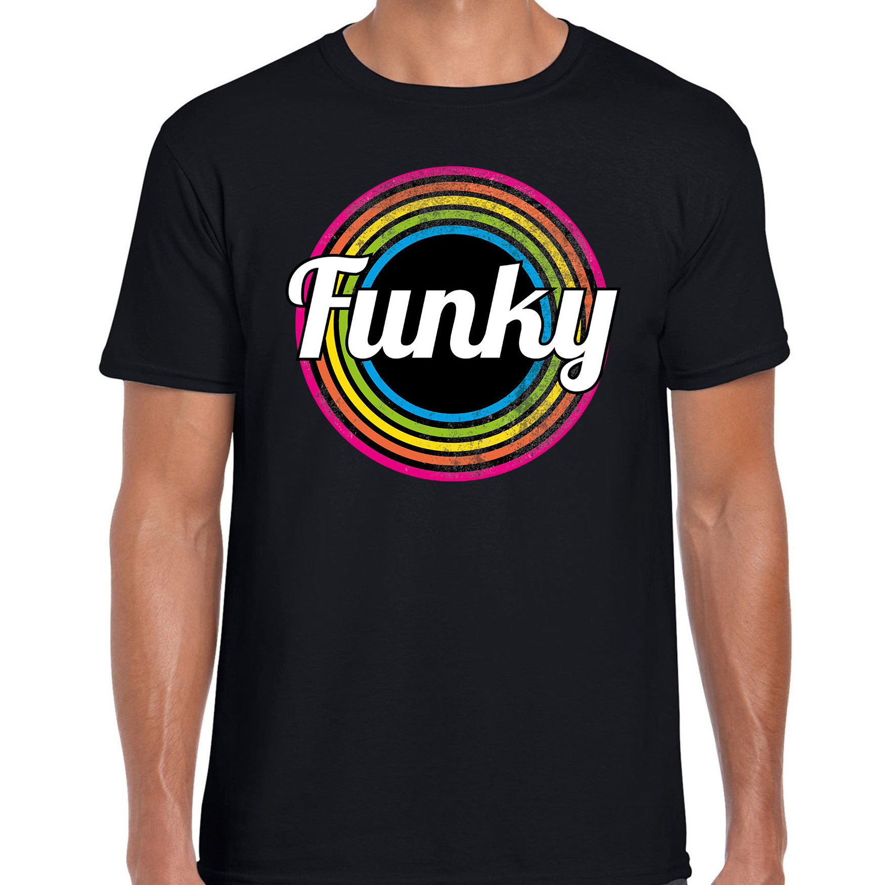 Funky verkleed t-shirt zwart voor heren - 70s, 80s party verkleed outfit