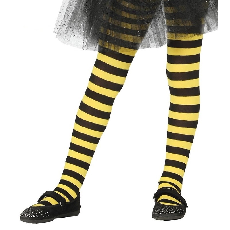 Geel/zwart verkleed gestreepte panty 15 denier voor meisjes