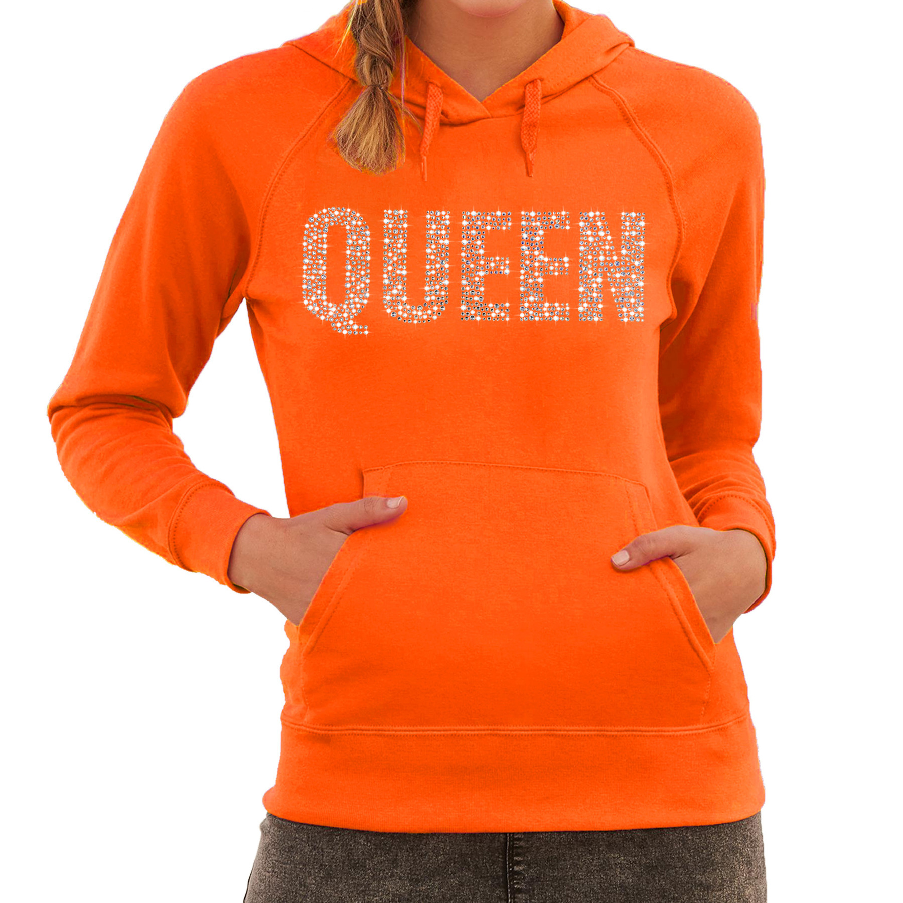 Glitter Queen hoodie oranje rhinestones steentjes voor dames - EK/WK - Koningsdag outfit