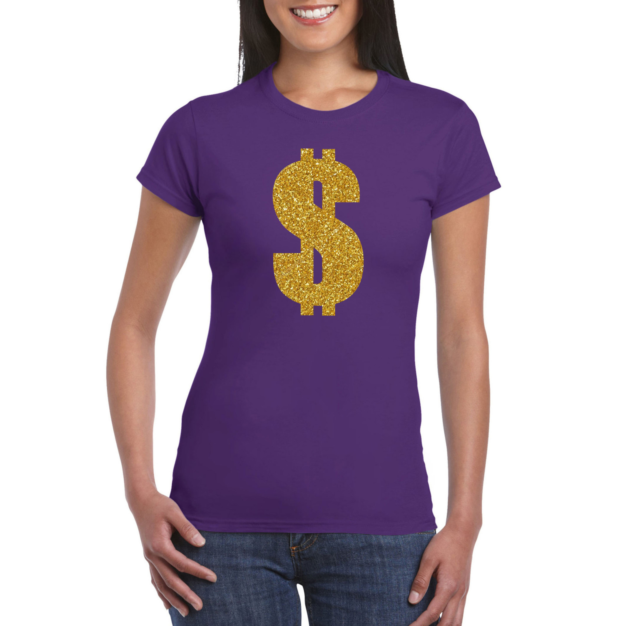 Gouden dollar / Gangster verkleed t-shirt / kleding paars dames