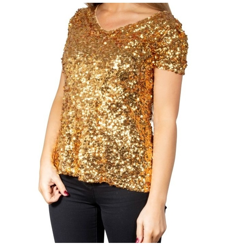 Gouden glitter pailletten disco shirt dames