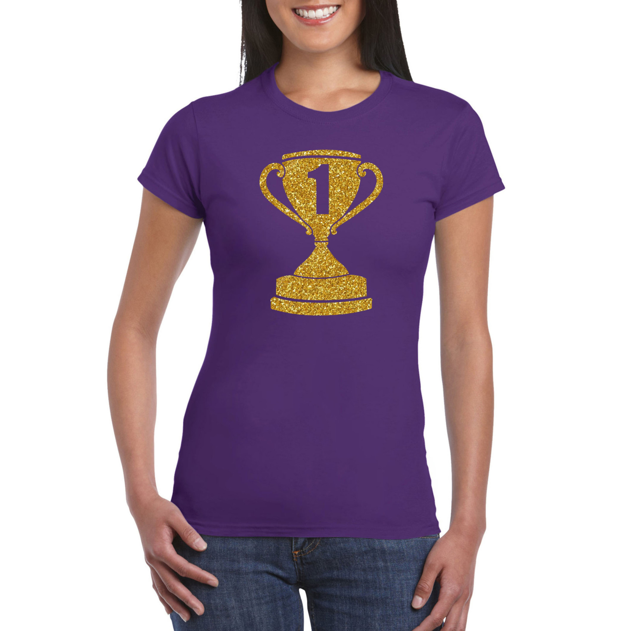 Gouden kampioens beker - nummer 1 t-shirt - kleding paars dames