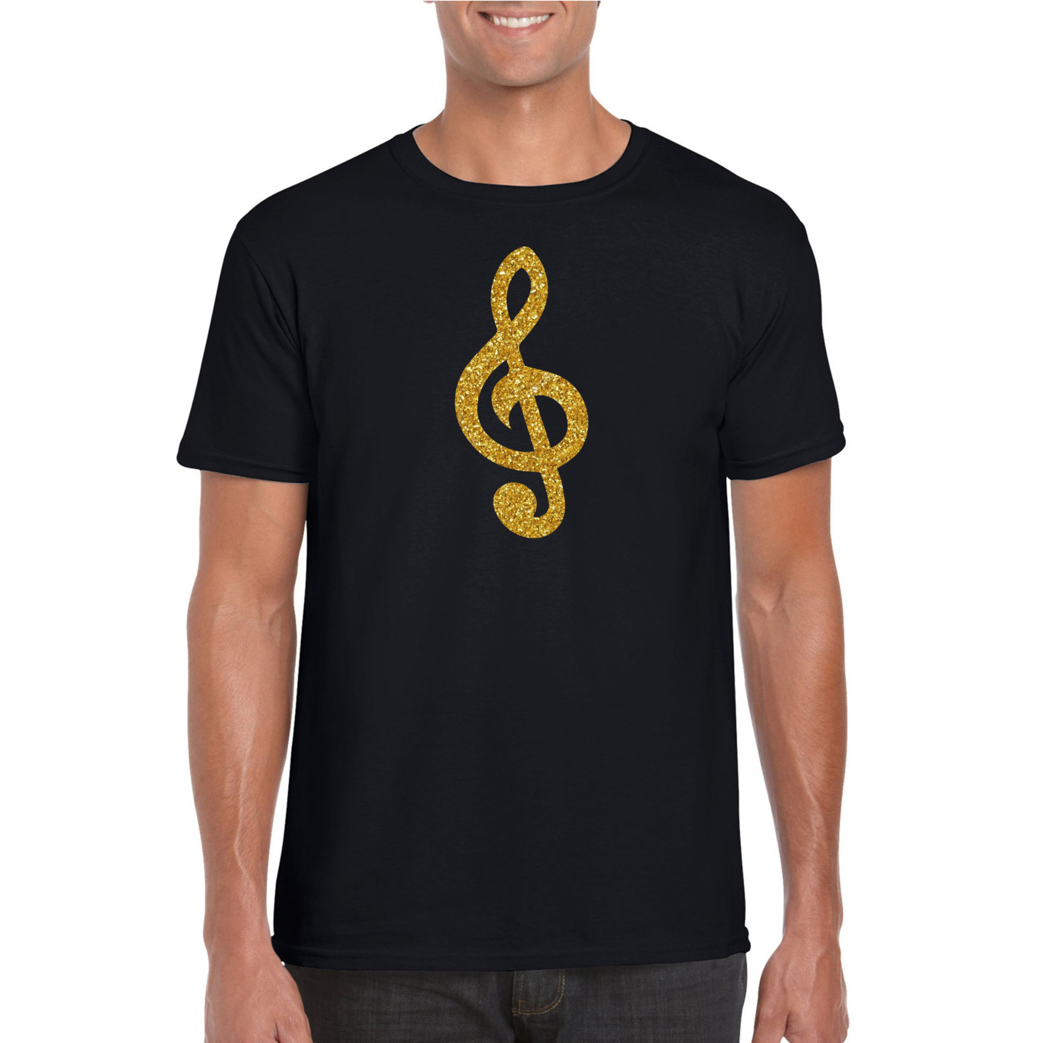 Gouden muziek noot G-sleutel / muziek feest t-shirt / kleding zwart heren