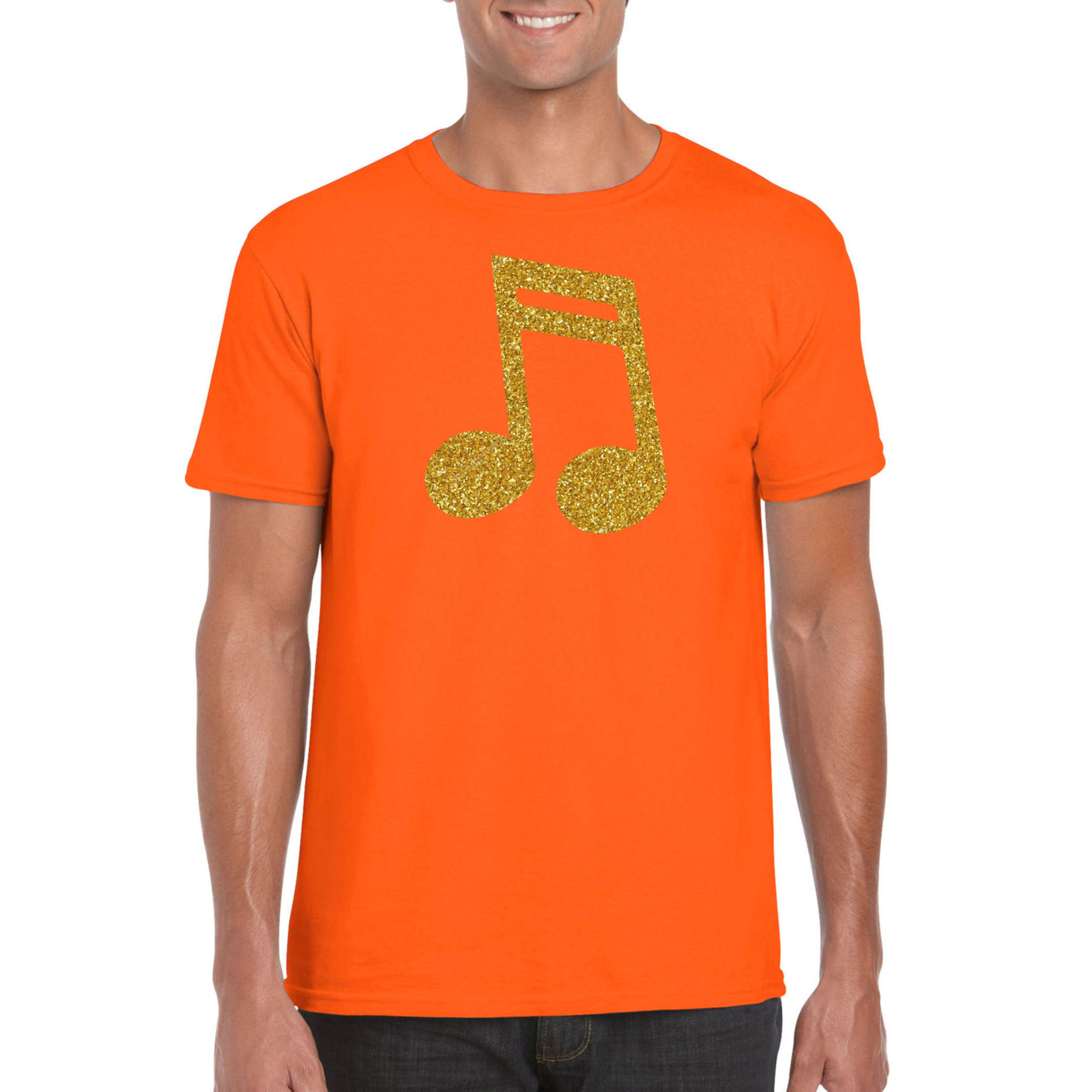 Gouden muziek noot / muziek feest t-shirt / kleding oranje heren