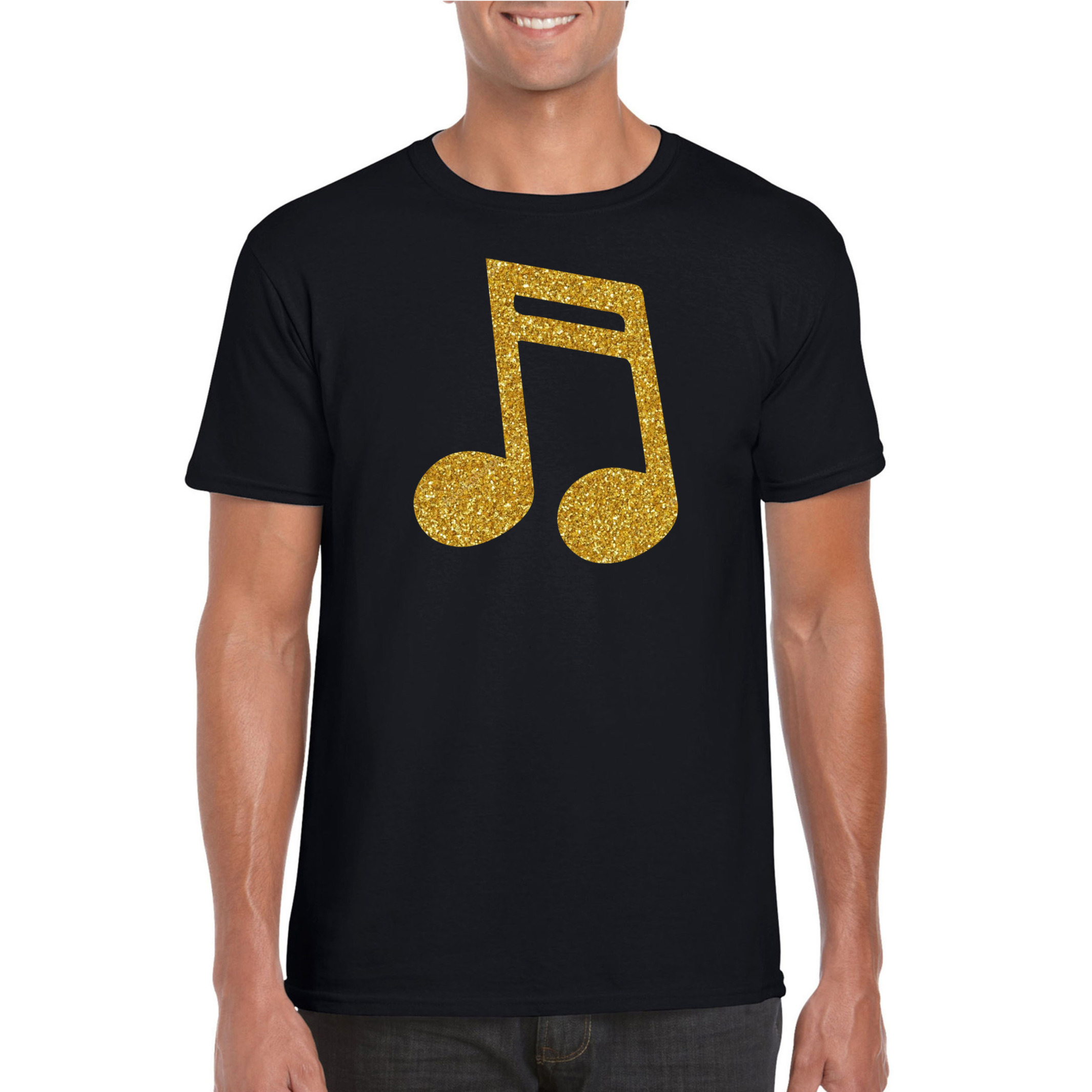 Gouden muziek noot / muziek feest t-shirt / kleding zwart heren