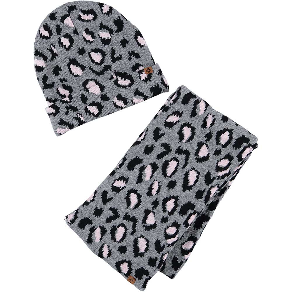 Grijze/zwarte panterprint/luipaardprint meisjes winter accessoires set muts/sjaal