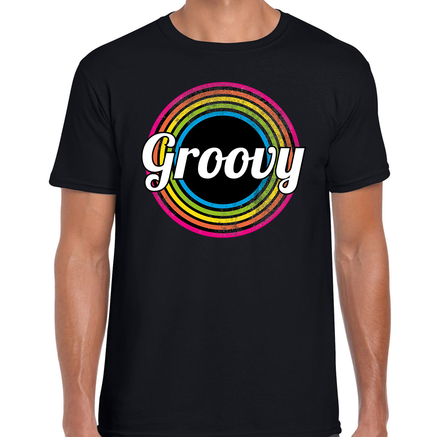 Groovy verkleed t-shirt zwart voor heren - 70s, 80s party verkleed outfit