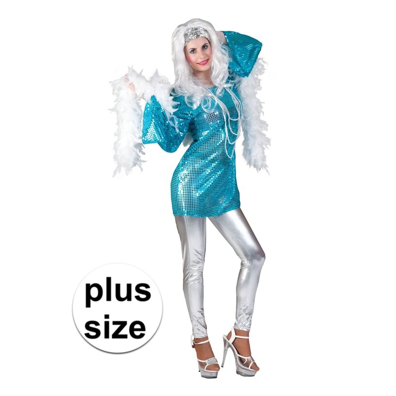 Grote maat blauwe disco queen seventies verkleed jurk voor dames