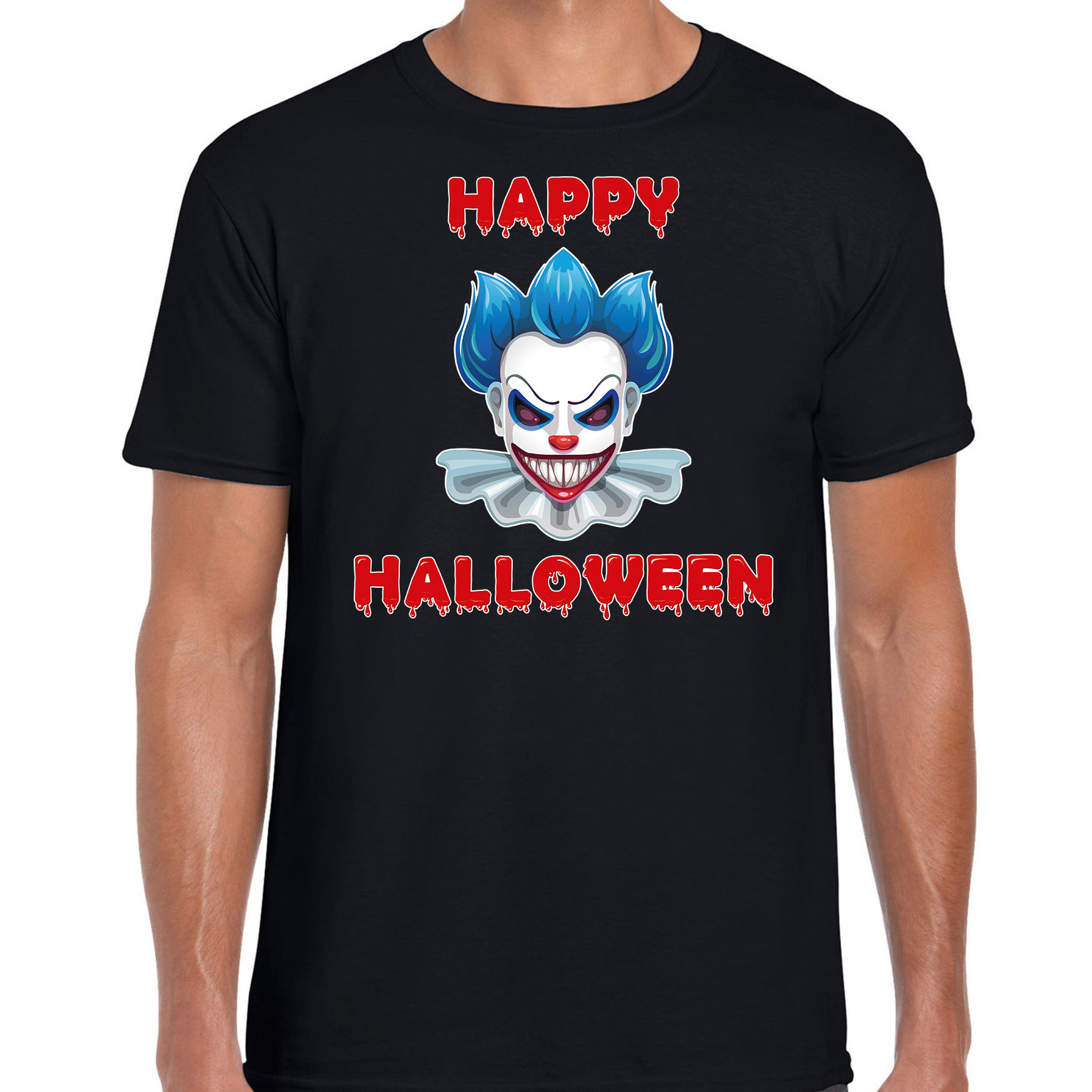 Halloween - Happy Halloween blauwe horror clown verkleed t-shirt zwart voor heren
