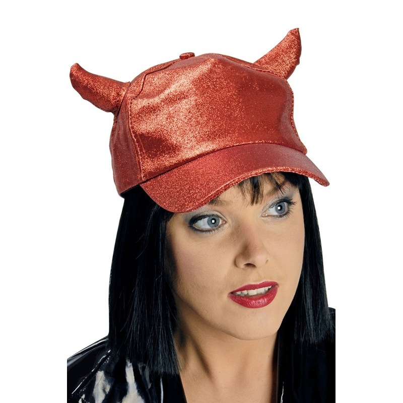 Halloween - Rode glitter pet/cap met duivel hoorntjes voor volwassenen