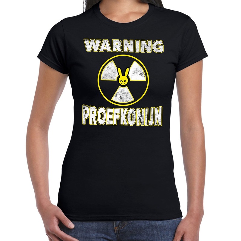 Halloween warning proefkonijn verkleed t-shirt zwart voor dames