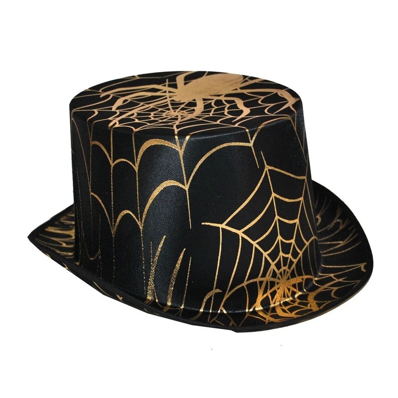Halloween - Zwart/ gouden hoge hoed met gouden spin